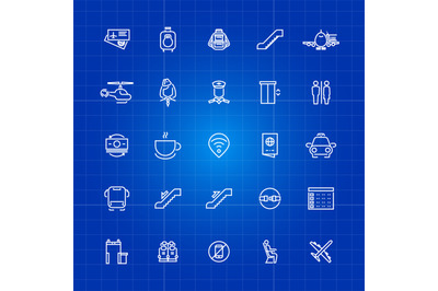 Aviation or airport outline icons set on blue background