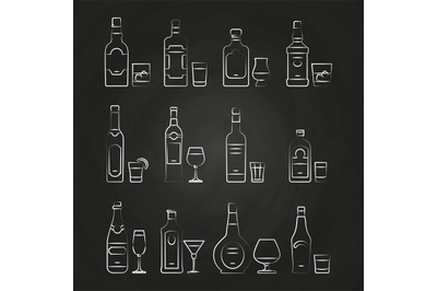 Alcoholic drinks line icons - white drinks icons on chalkboard