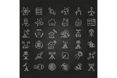 Science and orbit communication thin line icons on chalkboard