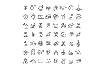 Science, technologies and satellite line icons collection