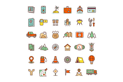 Travel, camping, location flat icons collection