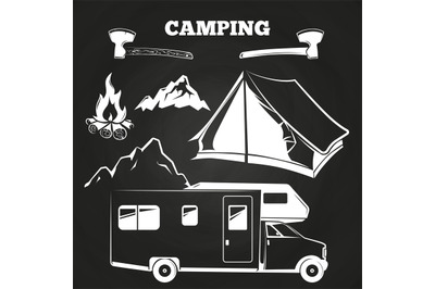 Camping or hiking vintage elements on chalkboard