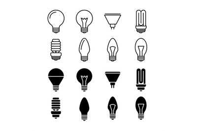 Light bulbs line and silhouette icons isolated on white
