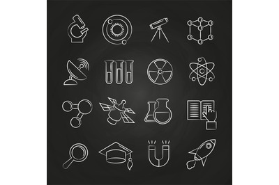 Science line icons set on chalkboard