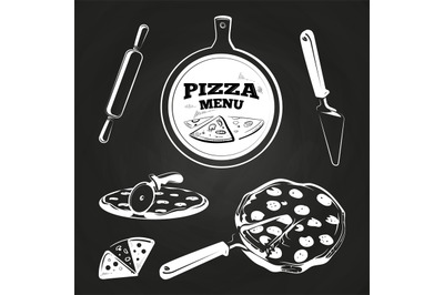 Vintage pizza elements on chalkboard