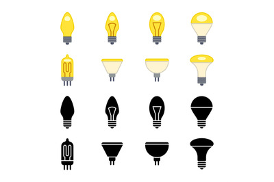 Black silhouettes and colorful light bulbs icons isolated on white