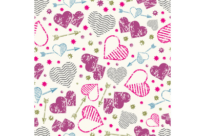 Romantic seamless pattern with grunge hearts and arrows