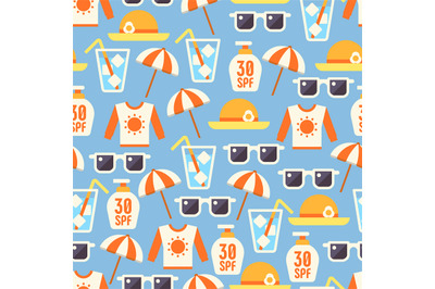 Sun protect seamless pattern with lotion, sun glasses, beach umbrella