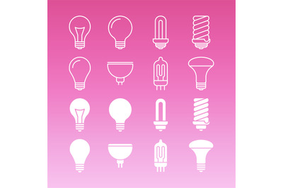 White lamp bulbs line and outline icons collection