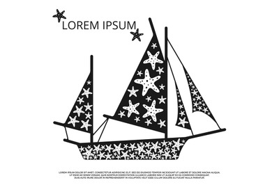Black and white sailboat with sea stars