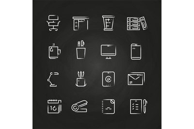 Hand drawn office icons on chalkboard