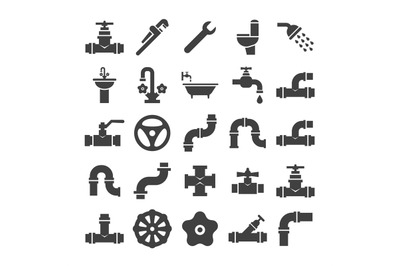 Sanitary engeneering, valve, pipe, plumbing service objects icons coll