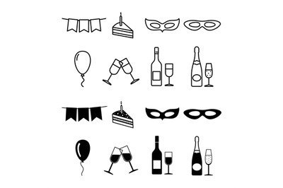 Birthday party icons collection - party silhouette and line icons set