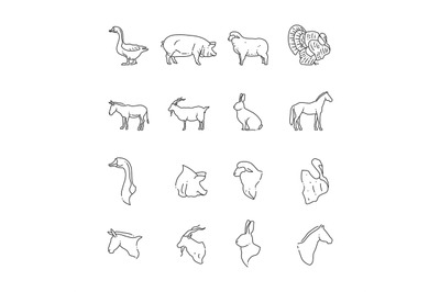 Farm birds and animal line icon - full and heads of animals