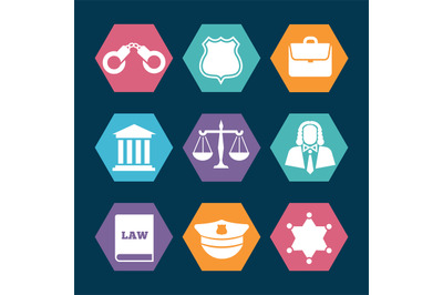 Law, justice and police icons set