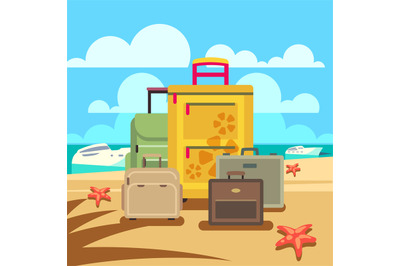 Travel concept background with passenger luggage and beach