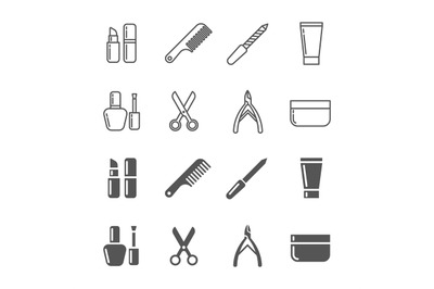 Beauty and cosmetics icons - line and silhouette cosmetics set