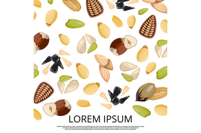 Falling nuts and seeds on white background design