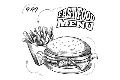 Fast food menu with hand drawn hamburger and potatoes chips isolated o