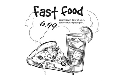 Fast food snack isolated on white - hand drawn pizza and cold drink