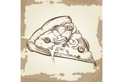 Hand sketched pizza on vintage grunge background - fast food poster