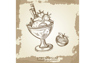 Sweet desserts vector - hand drawn ice cream and apple on vintage back