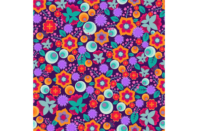 Retro abstract floral print vector seamless pattern with cute and brig