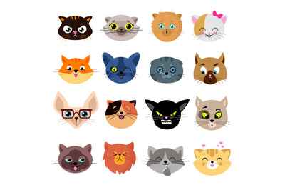 Heads of cute cat characters with different emotions vector set