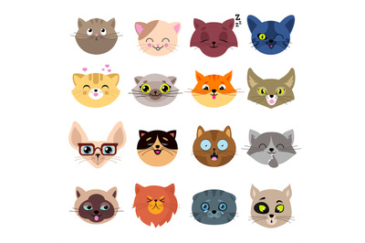 Fun cartoon cat faces. Cute kitten portraits vector set