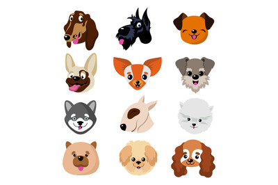 Funny cartoon dog faces. Cute puppy animal vector set