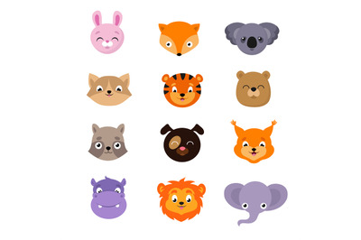 Cute baby animal faces vector set