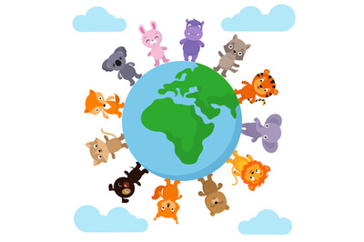 Cute and funny baby animals walking around Earth globe vector illustra