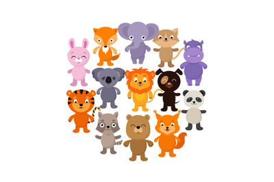 Forest, savana and jungle baby animals. Cartoon vector character set