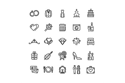 Romance wedding celebration and love in marriage vector line icons