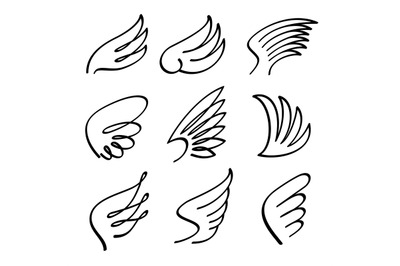 Cartoon angel wings vector set. Sketch doodle winged abstract emblems