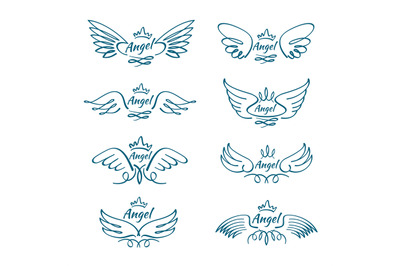 Elegant angel flying wings. Hand drawn wing tattoo vector design colle