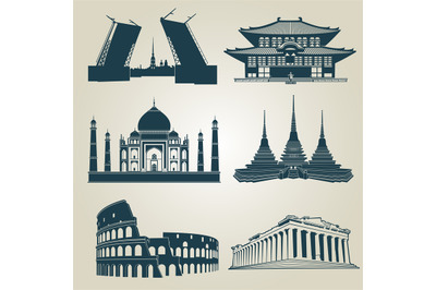 Vector silhouettes of world tourist attractions. Famous landmarks and