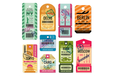 Vintage baggage tags and luggage labels vector set