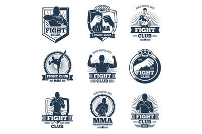 Retro mma vector emblems and labels. Fight club vintage logos