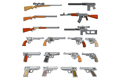 Various rifle, guns and pistols cartoon vector weapons icons