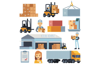 Merchandise warehouse and logistic flat vector icons with workers and