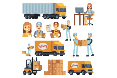 Warehouse workers cartoon vector characters - loader, delivery man, co