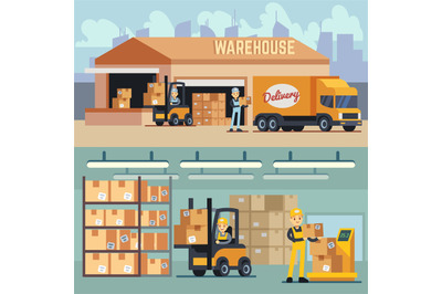 Warehouse storage and shipping logistics vector concept