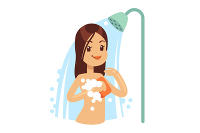 Smiling woman taking water shower in bathroom. Girl regular hygiene ve