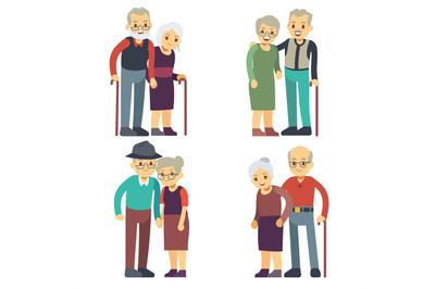 Smiling and happy old couples. Elderly families cartoon characters vec