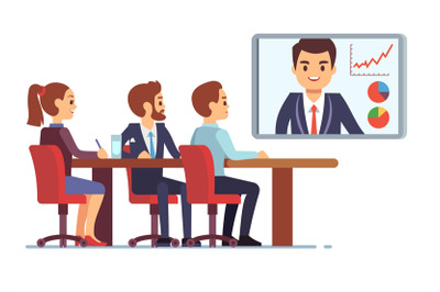 Video meeting in office boardroom with ceo and employees. Business tea