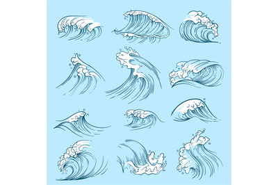 Sketch ocean waves. Hand drawn marine vector tides