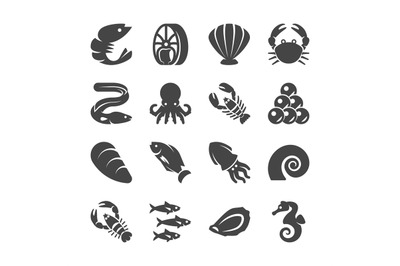 Sea food black silhouette vector icons