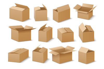 Open and closed cardboard boxes vector set