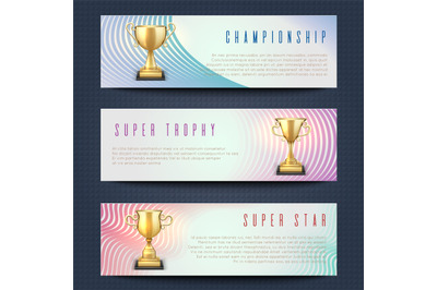 Horizontal banners with sports golden trophy cups vector collection